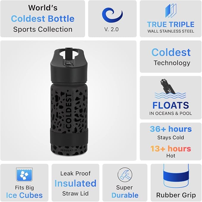 Coldest Sports Water Bottle - Straw Lid Bottle with Handle Leak Proof, Vacuum Insulated Stainless Steel, Double Walled, Thermo Mug, Metal | Black Leopard 14 oz