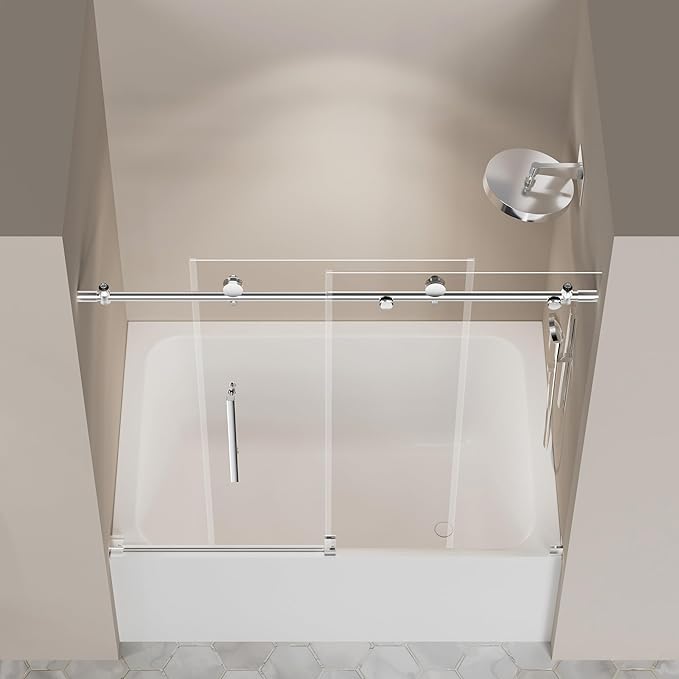 Frameless Tub Shower Door 56"-60" W X 59" H,Shower Doors for Bathtub,Sliding Door with 5/16" (8mm) Clear Tempered Glass,Silent Soft-Close Design,Stainless Steel Hardware,Sturdy Bathroom Door,Silver