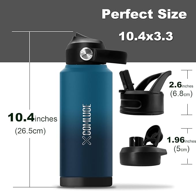 blue 32 oz insulated water bottle with straw stainless steel water bottle,double wall,leak proof water bottles with 3 lids,travel,gym mens water bottle(Ocean Blue, 32oz)