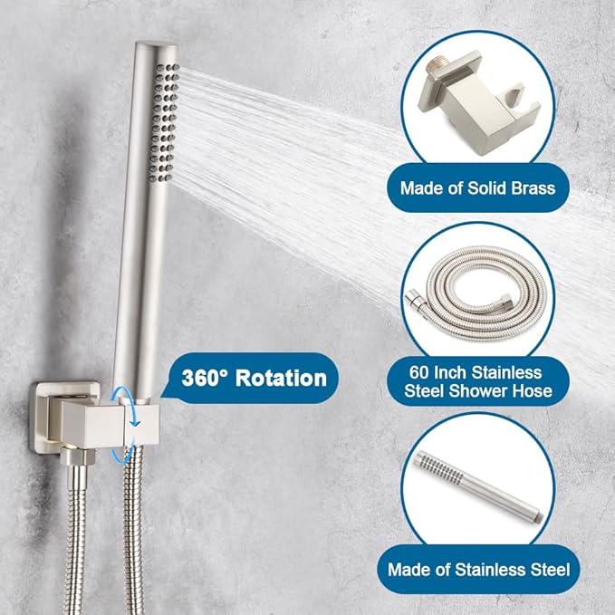 POP SANITARYWARE Shower Faucet Set Brushed Nickel Rainfall 12 Inch Shower Head and Handle Set Bathroom Rain Shower System Wall Mounted Shower Fixture Include Shower Valve and Trim Kit