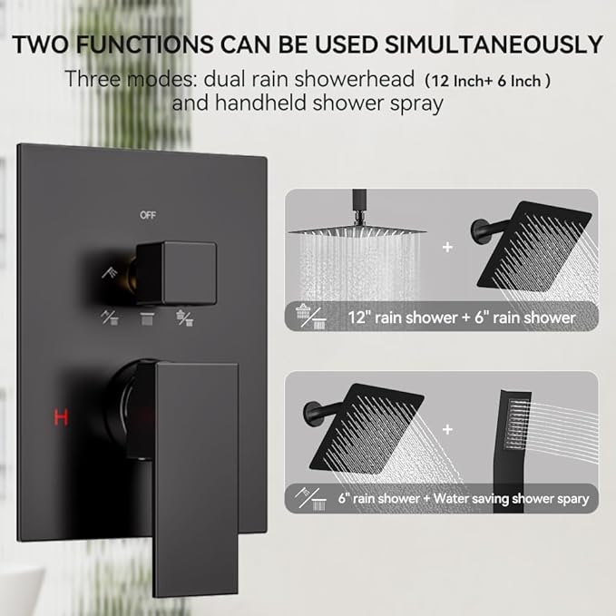 Shower Systems Shower Faucet Sets Matte Black, STARBATH 12+6" Dual Rain Shower Head with Handheld Spray for Two People, Ceiling Mount 3 Way Rainfall Shower Valve with 5 Diverter and Trim Kit Complete