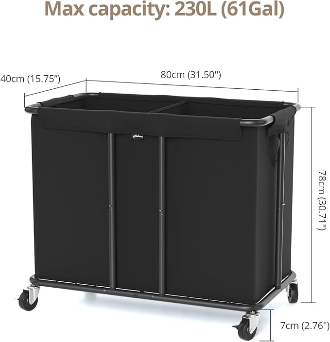 Laundry Hamper with Wheels, 2-Section 230L (61Gal) Large Capacity, Heavy-Duty Rolling Clothes Basket with Silent Rubber Casters & Detachable Oxford Bags for Home, Black, 31.5"Lx15.75W"x30.7"H