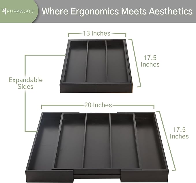 Purawood - Large Premium Bamboo Silverware Organizer - Expandable Kitchen Drawer & Utensil Organizer, 17.5" x 19.75" Cutlery Tray with Drawer Dividers for Kitchen Flatware (3-5 Slots) (Black)