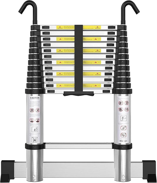 Telescoping Ladder with Hooks 12.5 FT - Aluminum Telescopic Ladder with Stabilizer - Retractable Extension Ladders for Home Loft Roof RV Work with EN131 Certification - 330lbs Max Capacity