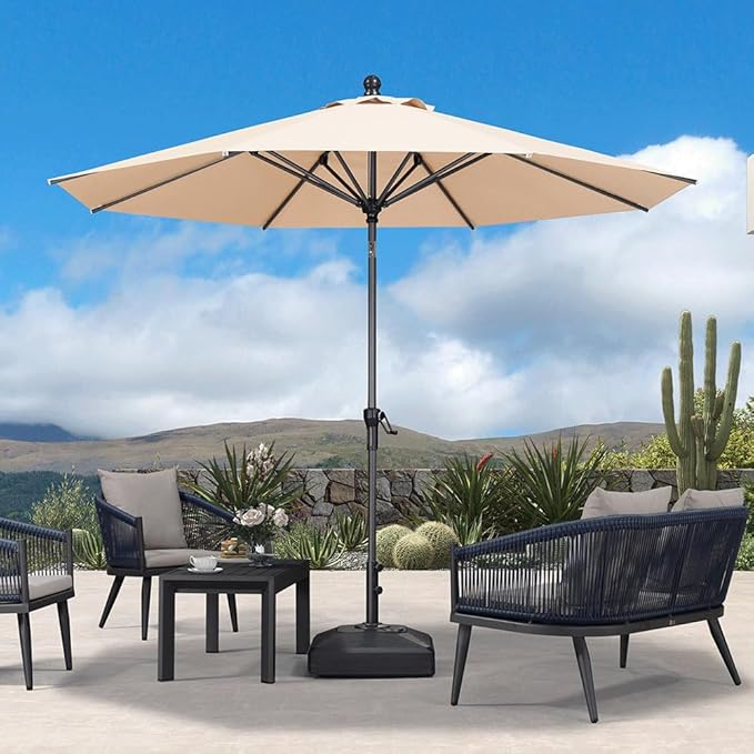 PURPLE LEAF 10' Round Patio Umbrella Outdoor Table Umbrella Aluminum Frame Market Umbrella Sun Umbrella with 8 Sturdy Ribs & Tilt for Garden Deck Lawn & Pool Beige