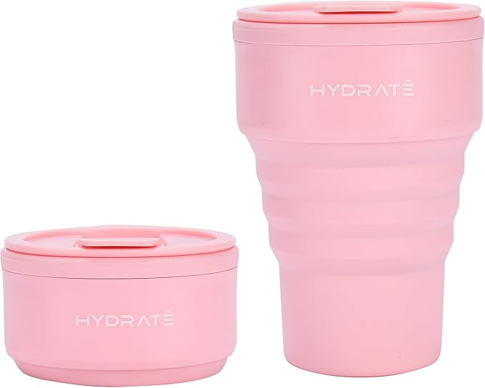 HYDRATE Collapsible Cups for Traveling - Coffee Mug - 400ml Reusable Cup with Lid for Camping, and On-the-Go Adventures - Portable Silicone Coffee Mug for Hot Drinks - Easy to Clean - Pink