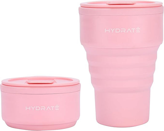 HYDRATE Collapsible Cups for Traveling - Coffee Mug - 400ml Reusable Cup with Lid for Camping, and On-the-Go Adventures - Portable Silicone Coffee Mug for Hot Drinks - Easy to Clean - Pink