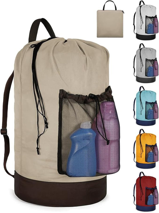 Laundry Bag with Shoulder Straps and Mesh Pocket Laundry Backpack Large Portable Laundry Hamper for College Laundromat Apartment