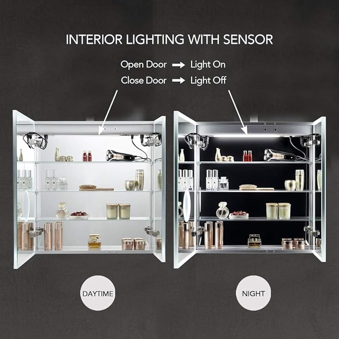 Blossom LED Lighted Mirror Medicine Cabinet, 30x32 Inch | Recessed or Surface Bathroom LED Medicine Cabinet with Mirror, Defogger, 3 Color Dimmer | 3X Makeup Mirror, Outlets & USB Ports