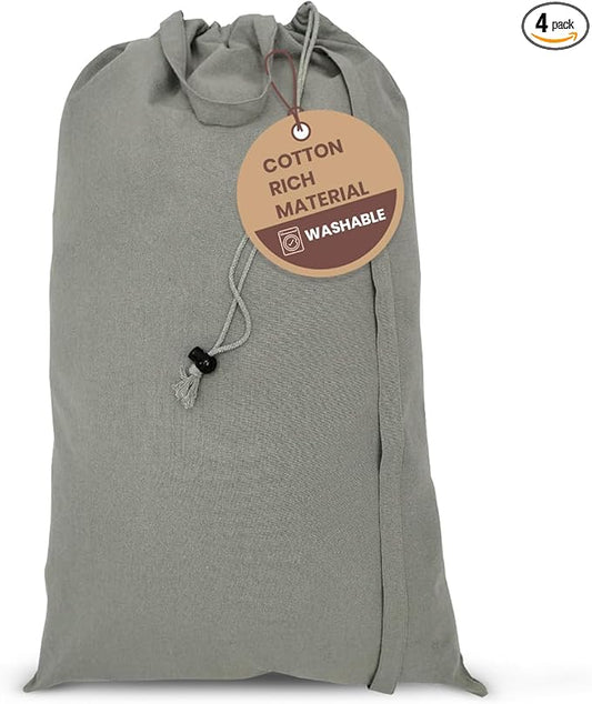LFH Home Cotton Canvas Large Laundry Bag with Handle, Heavy Duty Drawstring Closure Washable Laundry Bags, School Travel, Home, Hotel, College Dorm, Organizer Sack, Toys Clothes 28x40 (Pack of 4)-Grey