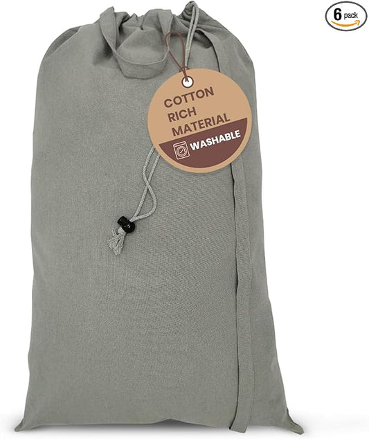 LFH Home Cotton Canvas Large Laundry Bag with Handle, Heavy Duty Drawstring Closure Washable Laundry Bags, School Travel, Home, Hotel, College Dorm, Organizer Sack, Toys Clothes 28x36 (Pack of 6)-Grey