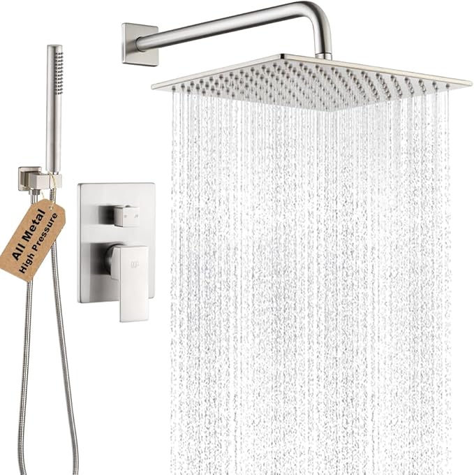 POP SANITARYWARE Shower Faucet Set Brushed Nickel Rainfall 12 Inch Shower Head and Handle Set Bathroom Rain Shower System Wall Mounted Shower Fixture Include Shower Valve and Trim Kit