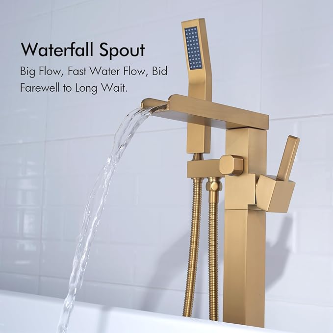BAGNOLUX Solid Brass Floor Mount Bathtub Faucet Free Standing Tub Faucet Freestanding Tub Filler Brushed Brass High Flow Rate Swivel Spout with Hand Shower, YGSLT-Waterfall Brushed Gold
