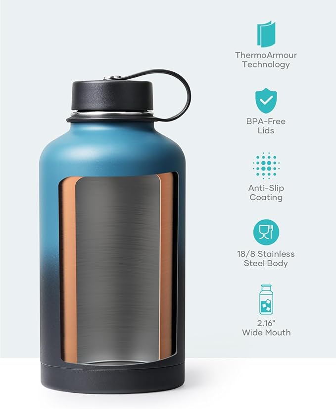 BUZIO Insulated Water Bottle with Straw Lid and Flex Cap, 64oz Double Wall Vacuum Stainless Steel Water Thermo Wide Mouth Lid, Cold for 48 Hrs Or Hot for 24 Hrs Sweat Proof Flask, Indigo Crush