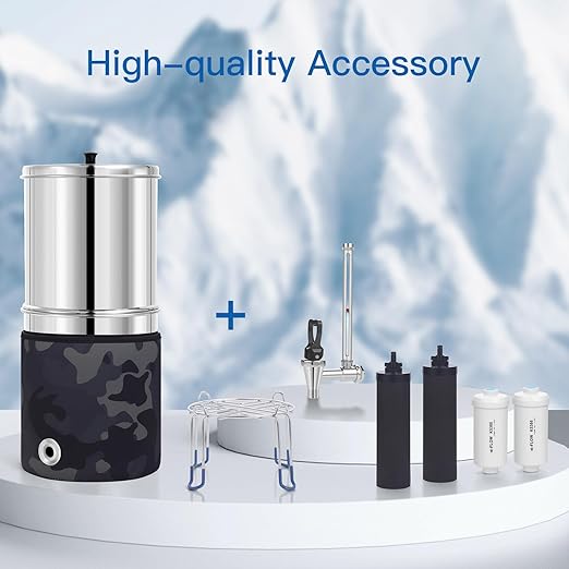 Gravity-Fed Water Filter System, NSF/ANSI 42&372 Standard, 2.25G Stainless-Steel Countertop System with 2 Black Elements, 2 Fluoride, Metal Water Level Spigot, Reduces Fluoride and Chlorine