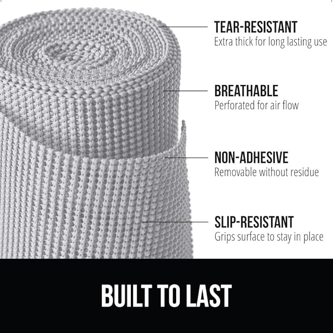 Gorilla Grip powerGRIP Drawer Shelf and Cabinet Liner, Thick Strong Hold, Non-Adhesive Liners Protect Kitchen Cabinets and Cupboard, Bathroom Drawers, Easy Install, Breathable Mat, 20" x10' Light Gray