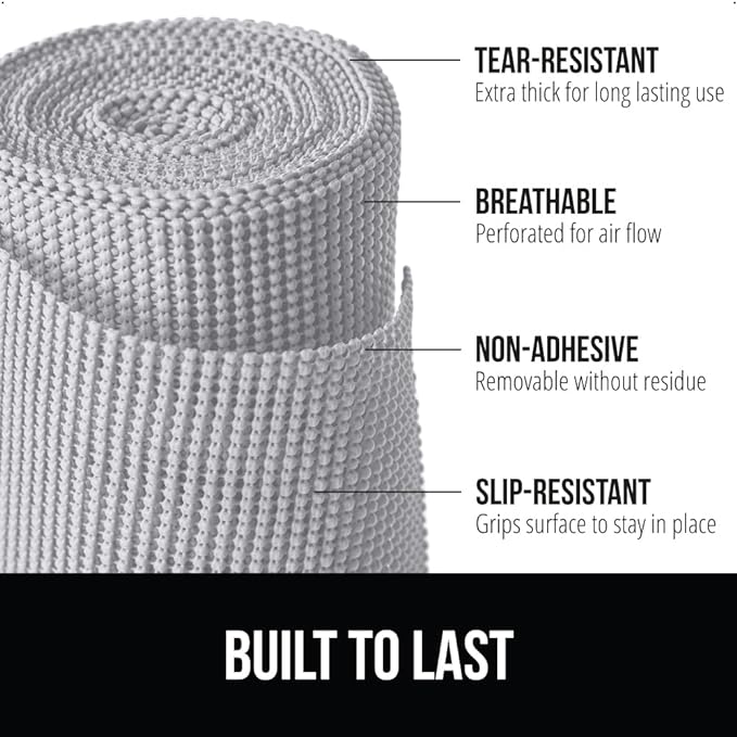 Gorilla Grip powerGRIP Drawer Shelf and Cabinet Liner, Thick Strong Hold, Non-Adhesive Liners Protect Kitchen Cabinets and Cupboard, Bathroom Drawers, Easy Install, Breathable Mat, 24" x30' Light Gray