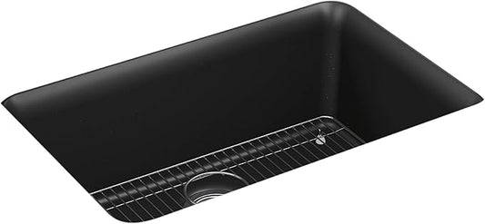 KOHLER K-28000-CM7 Cairn 27.5" Neoroc Composite Undermount Single-Bowl Kitchen Sink, Composite Kitchen Sink with Sink Rack, Matte Graphite