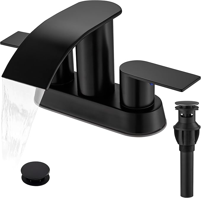 Waterfall Bathroom Sink Faucet 4 Inch Faucet 2 Handle Lead-Free Black, Bathroom Faucet with Water Supply Lines Pop Up Drain, 2 or 3 Holes Bathroom Basin Lavatory Mixer Tap with Deck Mount Plate