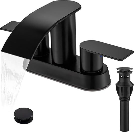 Waterfall Bathroom Sink Faucet 4 Inch Faucet 2 Handle Lead-Free Black, Bathroom Faucet with Water Supply Lines Pop Up Drain, 2 or 3 Holes Bathroom Basin Lavatory Mixer Tap with Deck Mount Plate