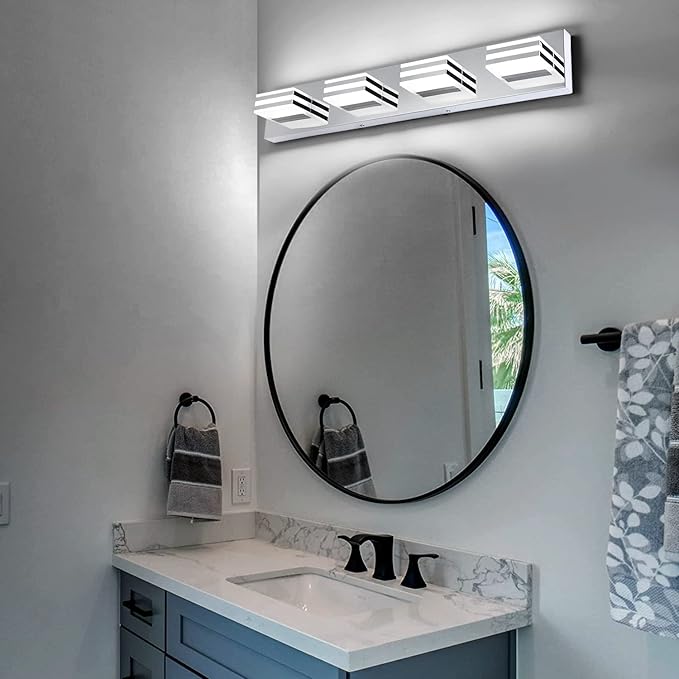 LED Vanity Lights for Bathroom 4 Light Bathroom Lamp over Vanity 27Inch Bathoom Mirror Light Fixtures Modern Bath Bar Lighting Chrome Vanity Lighting Fixtures 24W Restroom Light Fixture 6000K