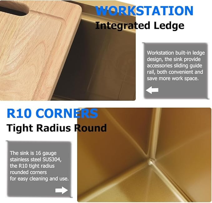 30 Inch Undermount Kitchen Sink Gold Stainless Steel Workstation Single Bowl 16 Gauge Over Counter Deep Kitchen Sink Basin