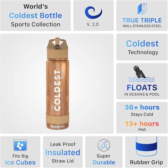 Coldest Sports Water Bottle with Straw Lid Vacuum Insulated Stainless Steel Metal Thermos Bottles Reusable Leak Proof Flask for Sports Gym (24 oz, Executive Wood)