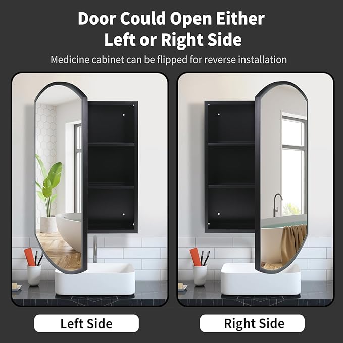 Movo 20 Inch x 31 Inch Black Beveled Arched Aluminum Medicine Cabinet with Mirror, Bathroom Mirror with Storage, Surface Mount or Recess Installation