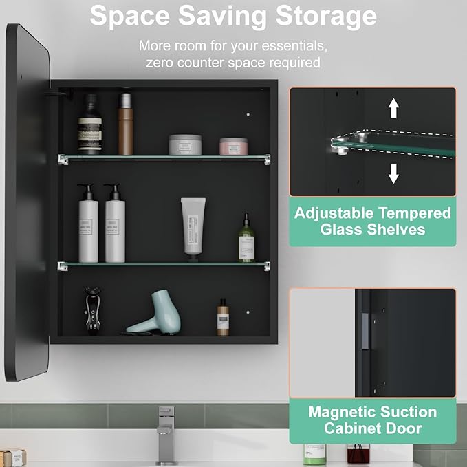 24x30 Inch Medicine Cabinet with Mirror, Recessed or Surface Mount Bathroom Medicine Cabinet with LED Lights, Anti-Fog, Memory Function, Adjustable Shelf, Dimmable Light, ETL Listed, Black,Left Hinge