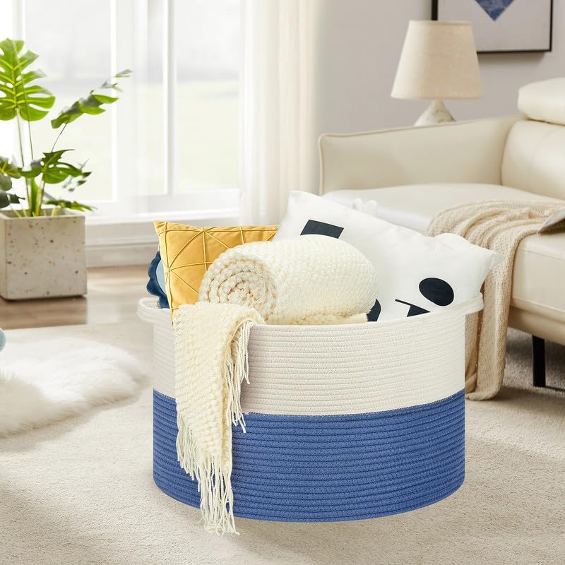 Ravinte Large Storage Basket - 22"x 22"x 14" Blanket Basket for Living Room, Baby Toy Storage Basket, Cotton Rope Basket Woven Laundry Basket (White-Blue)
