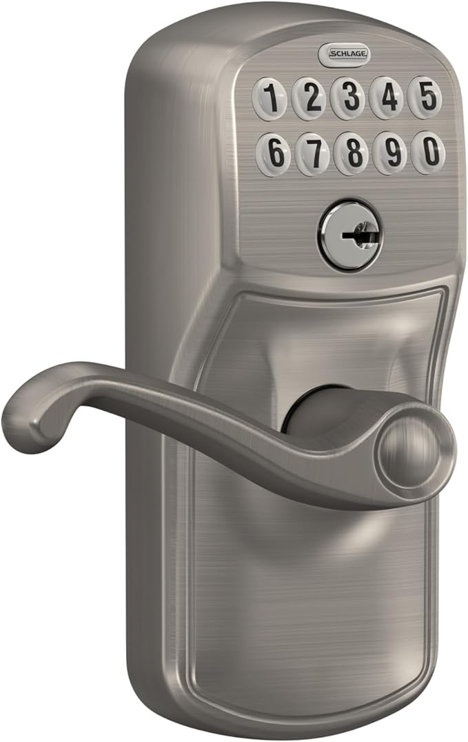 SCHLAGE FE595 PLY 619 FLA Plymouth Keypad Entry with Flex-Lock and Flair Style Levers, Satin Nickel