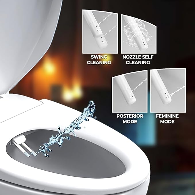 GenieBidet Bidet Toilet Seat Elongated - Dual Nozzles with T adapter & Bottle - Adjustable Water Pressure & Slow Close Bidet Seat Elongated with No Wiring & Easy Installation