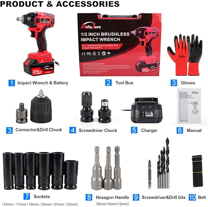 Cordless Impact Wrench Kit 1/2 inch,Electric Powerful Brushless Motor 20V Max Rechargeable Lithium-Ion Battery with Charger 6pcs Sockets Cordless Wrench Kit