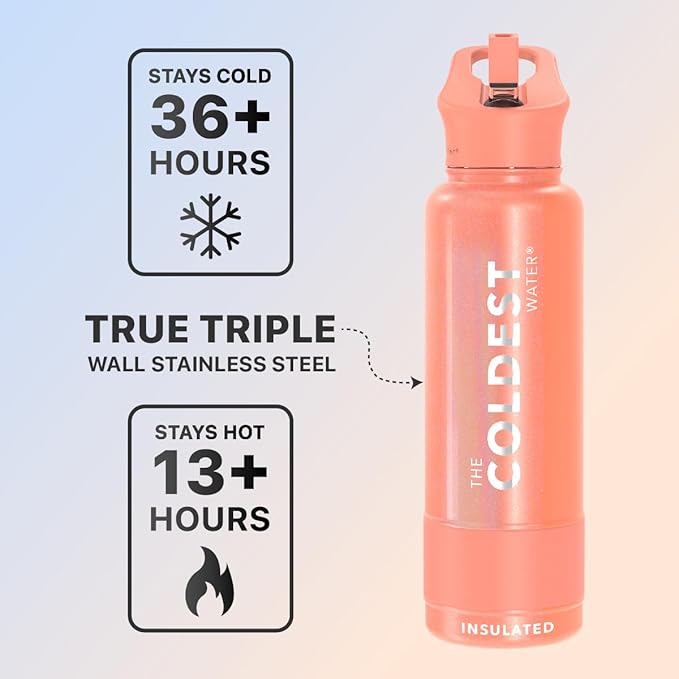Coldest Sports Water Bottle with Straw Lid Vacuum Insulated Stainless Steel Metal Thermos Bottles Reusable Leak Proof Flask for Sports Gym (40 oz, Pink Froze Glitter)