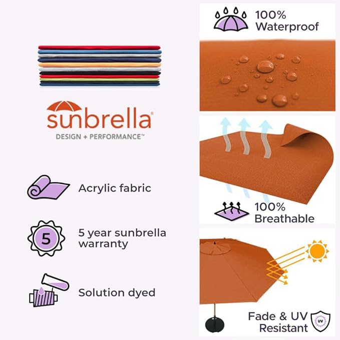 Midtown Umbrellas Led Swilt Sunbrella Umbrella, 8 Foot Patio Umbrella In Terracotta Acrylic Fabric - Deck Patio Umbrella, Backyard Umbrella, Garden Umbrella & Pool Umbrella - Black Pole