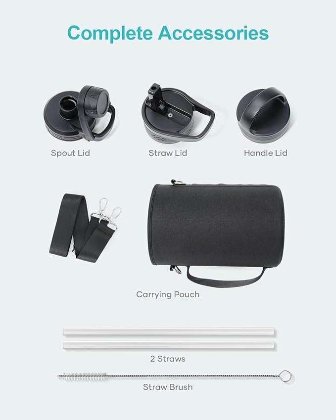 BUZIO Water Bottle with Straw lid, Spout Lid, Hand Lid and Carrying Pouch, 32oz 40oz 64oz Stainless Steel Water Flask Jug, Cold for 48 Hrs Hot for 24 Hrs Double Vacuum Thermo Canteen Mug, BPA-Free