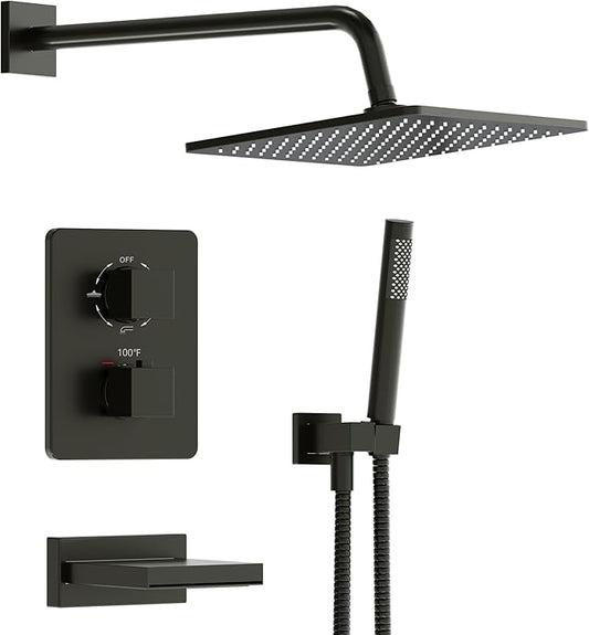 Esnbia Thermostatic Tub Shower Faucet Set, All Metal Tub System with 3 Way Valve, 10 Inch Rain Shower Head with Handheld Spray Combo,Matte Black