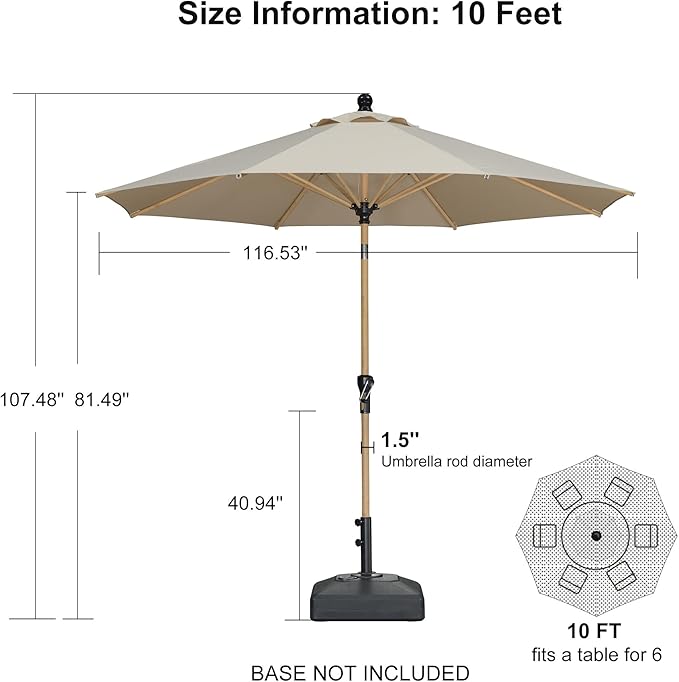 PURPLE LEAF 10 Feet Patio Umbrella Outdoor Table Umbrella Aluminum Round Market Umbrella with Push Button Tilt & 8 Sturdy Ribs and Crank Commercial Sun Umbrella for Garden Patio Balcony, Beige