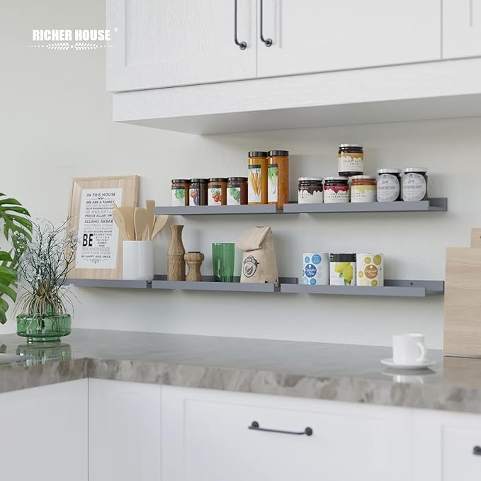 RICHER HOUSE 3 Set Floating Shelves for Wall, Black Wall Mounted Shelves with Lip for Storage, Display Picture Ledge Shelf for Bedroom Bathroom Kitchen Living Room Decor, Modern Grey