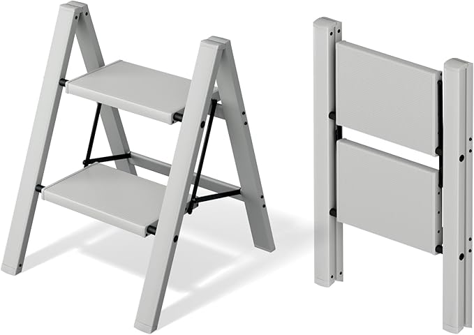 2 Step Ladder,Aluminum Folding Step Stool for Adults,Step Ladder with Wide Anti-Slip Pedal,330 lbs Capacity for Home,Office,Kitchen,Library(Grey)