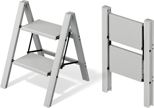 2 Step Ladder,Aluminum Folding Step Stool for Adults,Step Ladder with Wide Anti-Slip Pedal,330 lbs Capacity for Home,Office,Kitchen,Library(Grey)