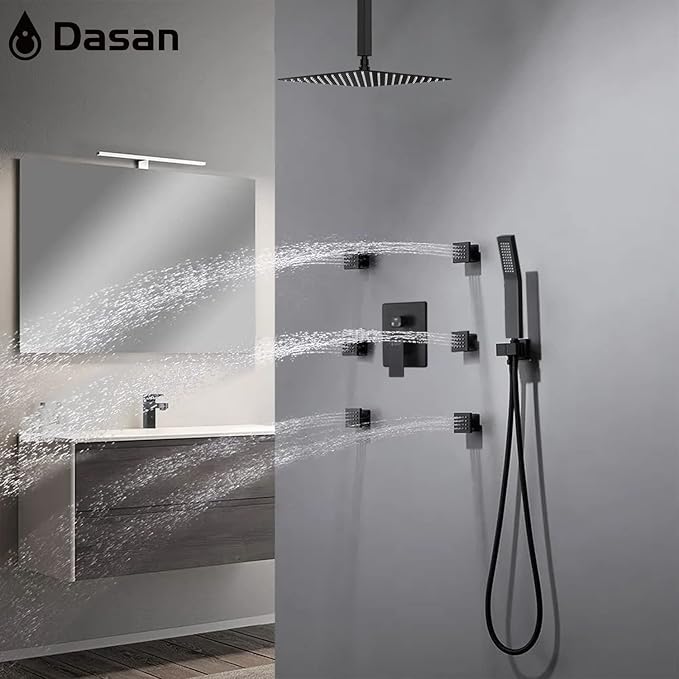 DASAN Full Body Shower System with 6 PCS Body Spray Jets & 12'' Rain Shower Head & Handheld, Ceiling Mount Rain Shower System Matte Black Shower Faucets Sets Complete with Valve, SA-SS03AMB-S12C2