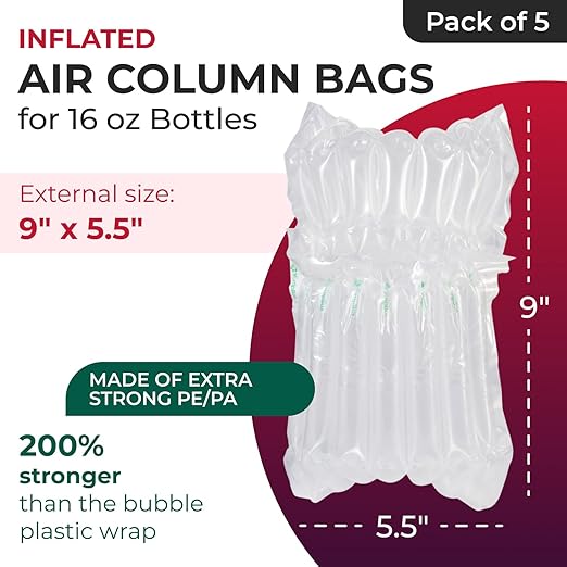 IDL Packaging Inflated 16 oz Bottle Air Bags, Self Sealed, Pack of 5 - Reusable Air Column Bags for Packing, Travel and Shipping - Cushioning Protector for Glass, Ceramic, Breakables