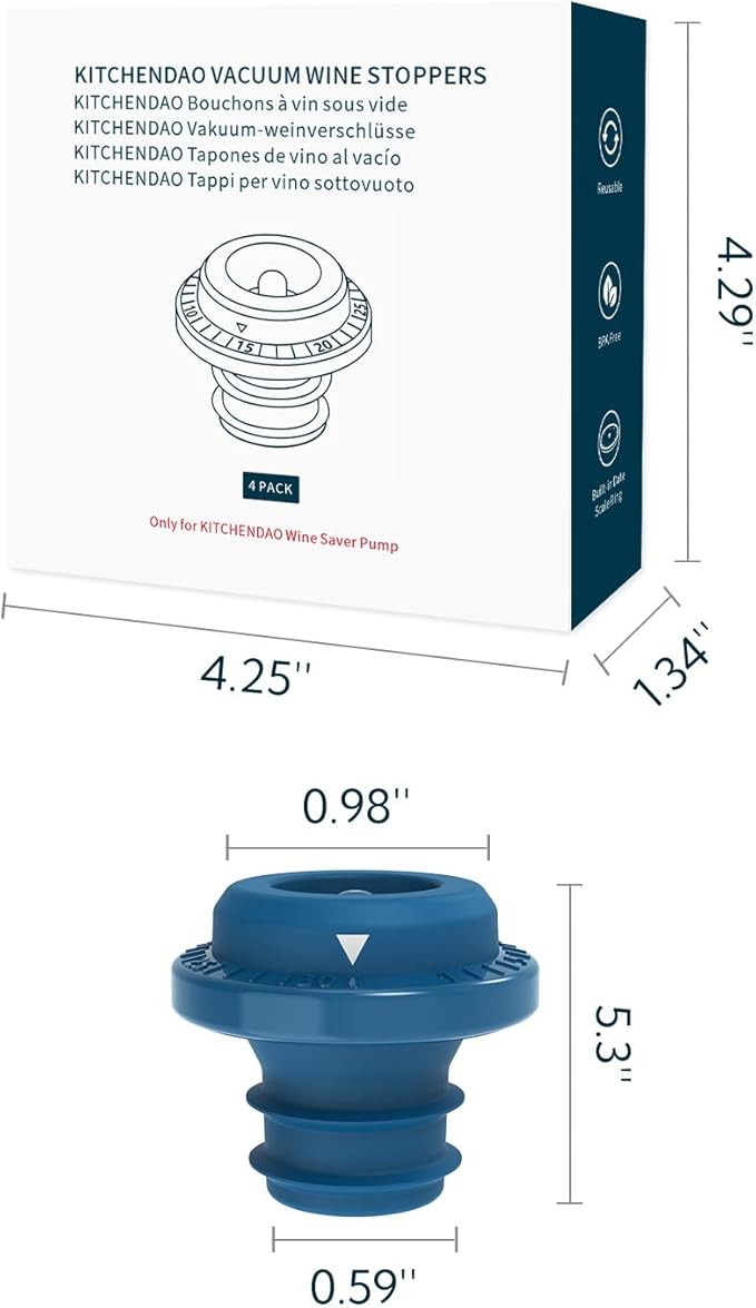 KITCHENDAO Wine Saver Vacuum Stoppers for Wine Bottles,Keep Wine Fresh for Up to a Week with Airtight Seal,Suitable for KITCHENDAO Wine Saver Pump,Set of 4 (Blue)