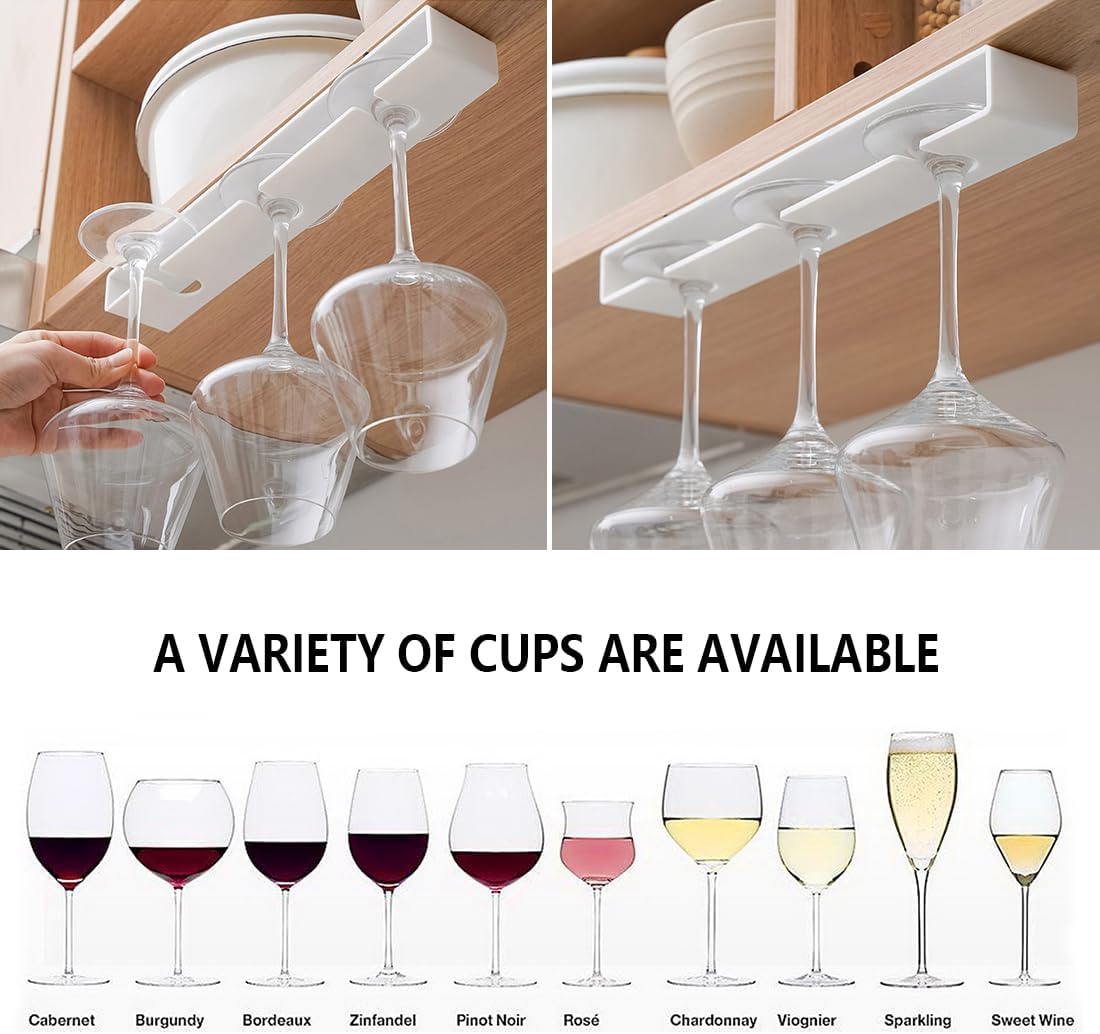 2 Pack Wine Glass Holder,Wine Glass Rack Punch-free Under Cabinet Wine Glass Holder Hanging Plastic Stemware Rack（White）