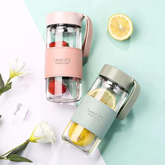 Snminetal 16 oz Borosilicate glass water bottle-with sealing cap and Holsters and filters Reusable Portable Glass drinking Bottle Apply to Make tea, coffee, office Go To School (Pink+Green)