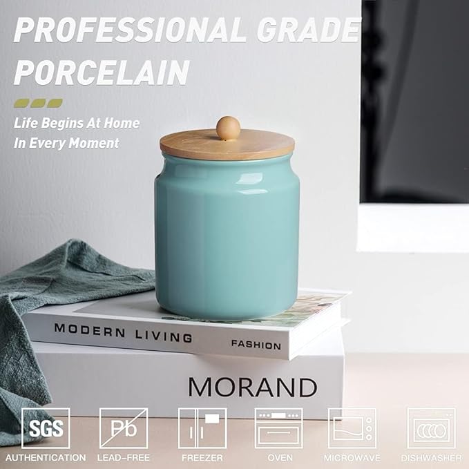 Sweejar Ceramic Kitchen Canisters, 28 FLOZ Porcelain Food Storage Jar with Airtight Seal Wooden Lid, Home Container Serving for Coffee Beans, Tea-leave, Sugar, Salt, Tool Bucket (Turquoise)