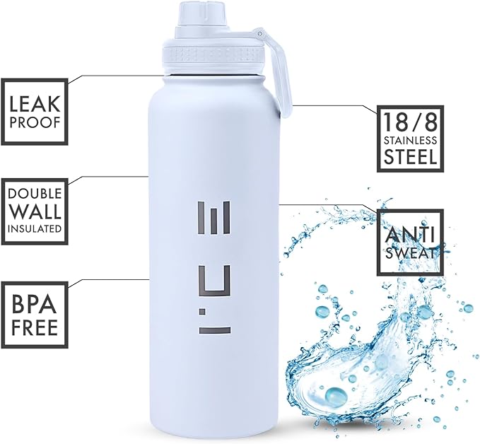 ICE Sports Water Bottle - Includes 3 Lids (1 Straw Lid) & 2 Straws - Leak proof Stainless Steel Gym & Sport Bottles for Men, Women & Kids - Double Walled, Insulated Thermos (White, 40 oz)