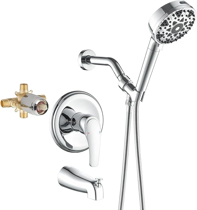 Chrome Polished Shower Faucet Set with Tub Spout, Handheld Shower Head and Trim Kit
