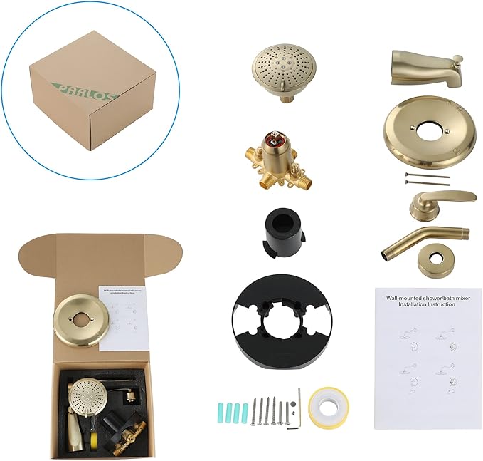 PARLOS Shower System, Brushed Gold Shower Faucet Set with Tub Spout(Valve Included), 5-Setting Mode Shower Head and Tub Spout with Diverter, Multi-Function Wall Mounted Shower Bathtub Combo, 1436908